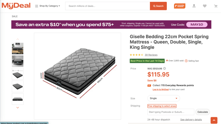 MyDeal: Giselle Bedding 22cm Pocket Spring Mattress (Single) – $115.95